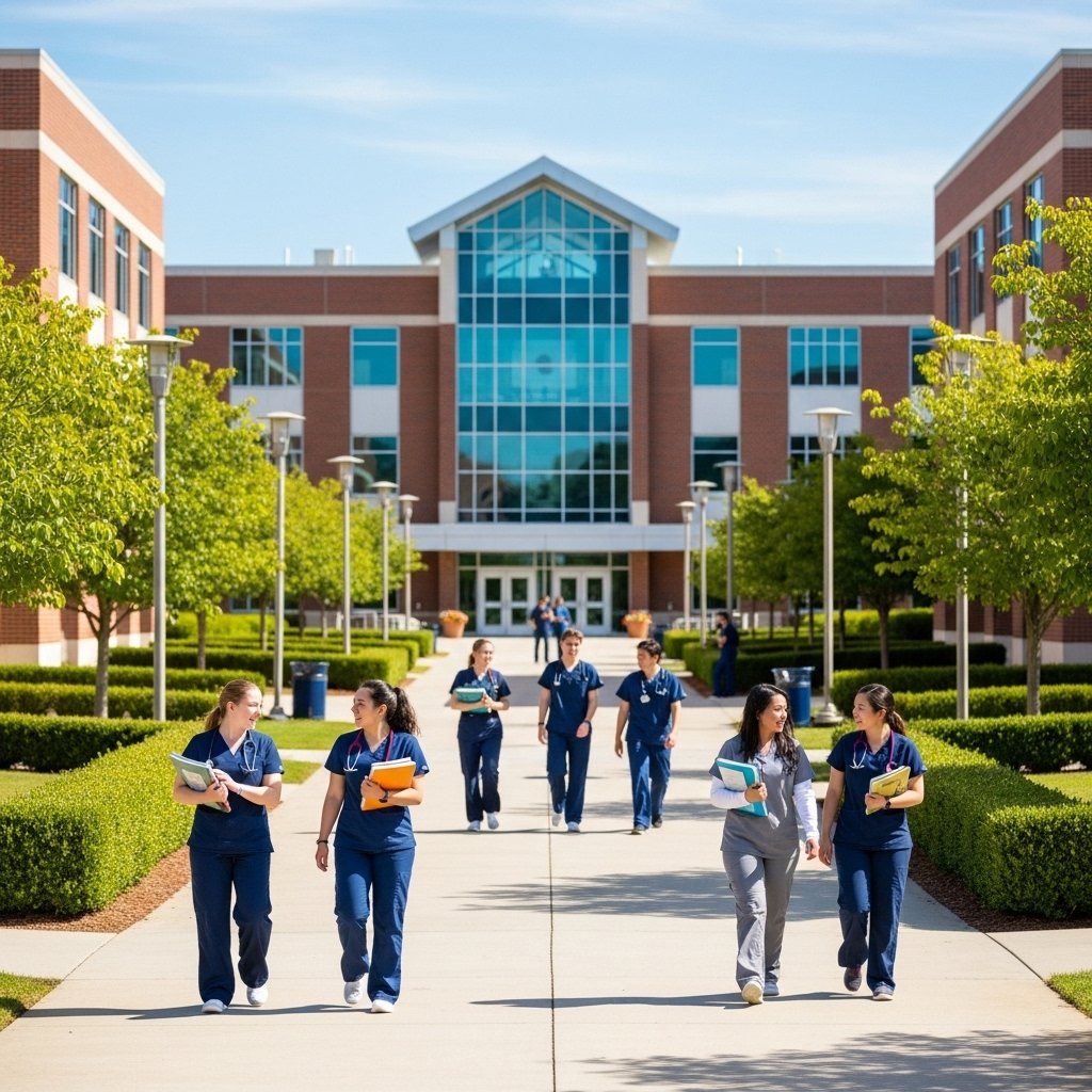 Nursing students walking across a university campus in scrubs, representing nursing school academic environment and policy context.