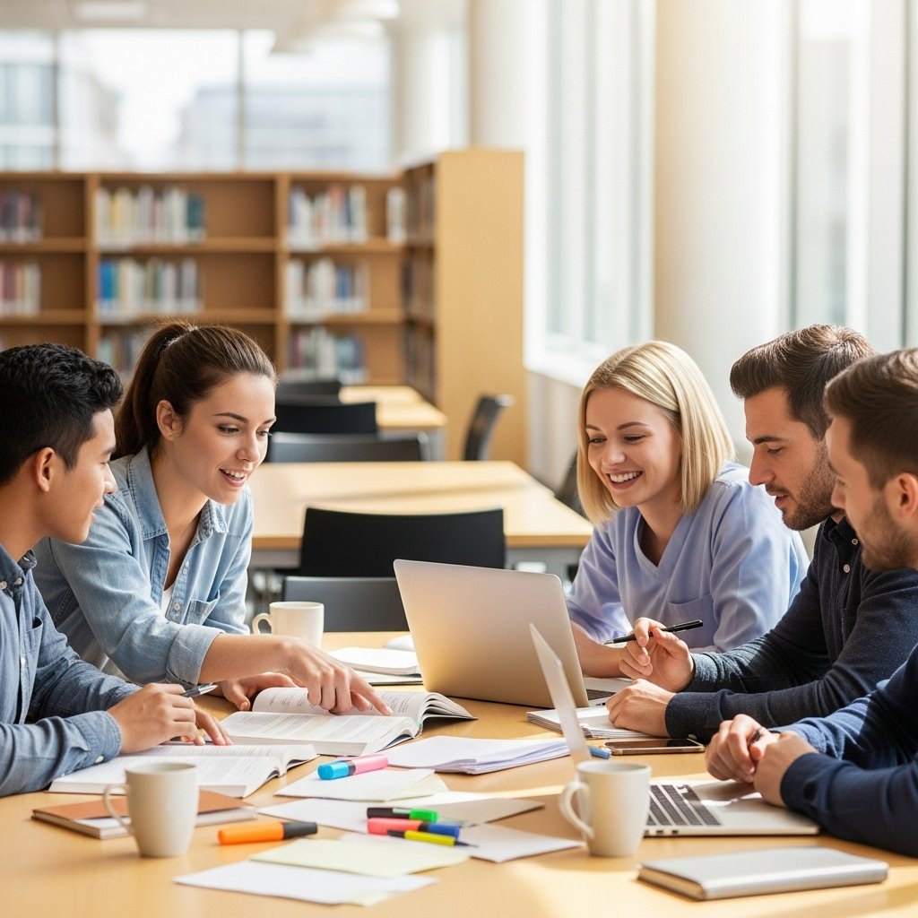 Nursing students in scrubs collaborating at a study table with books and laptops, symbolizing ethical and effective learning methods.
