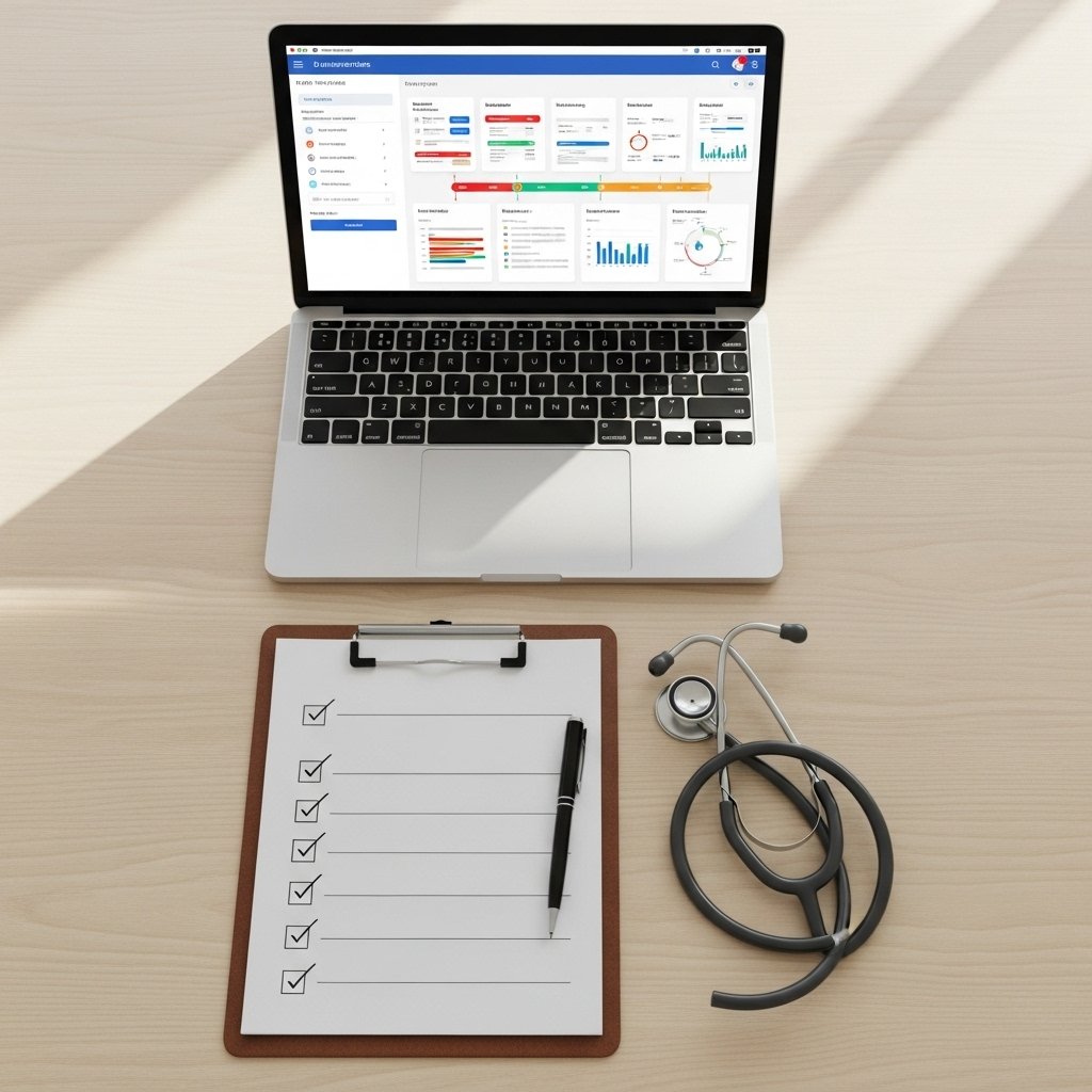 Flat-lay of a nursing checklist with a clipboard, laptop, and stethoscope on a light desk, symbolizing organization and trustworthy study habits.