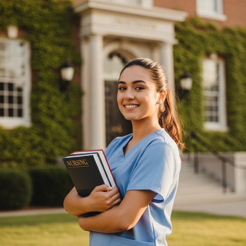Smiling nursing graduate holding textbooks outside a university, representing success, confidence, and academic integrity.