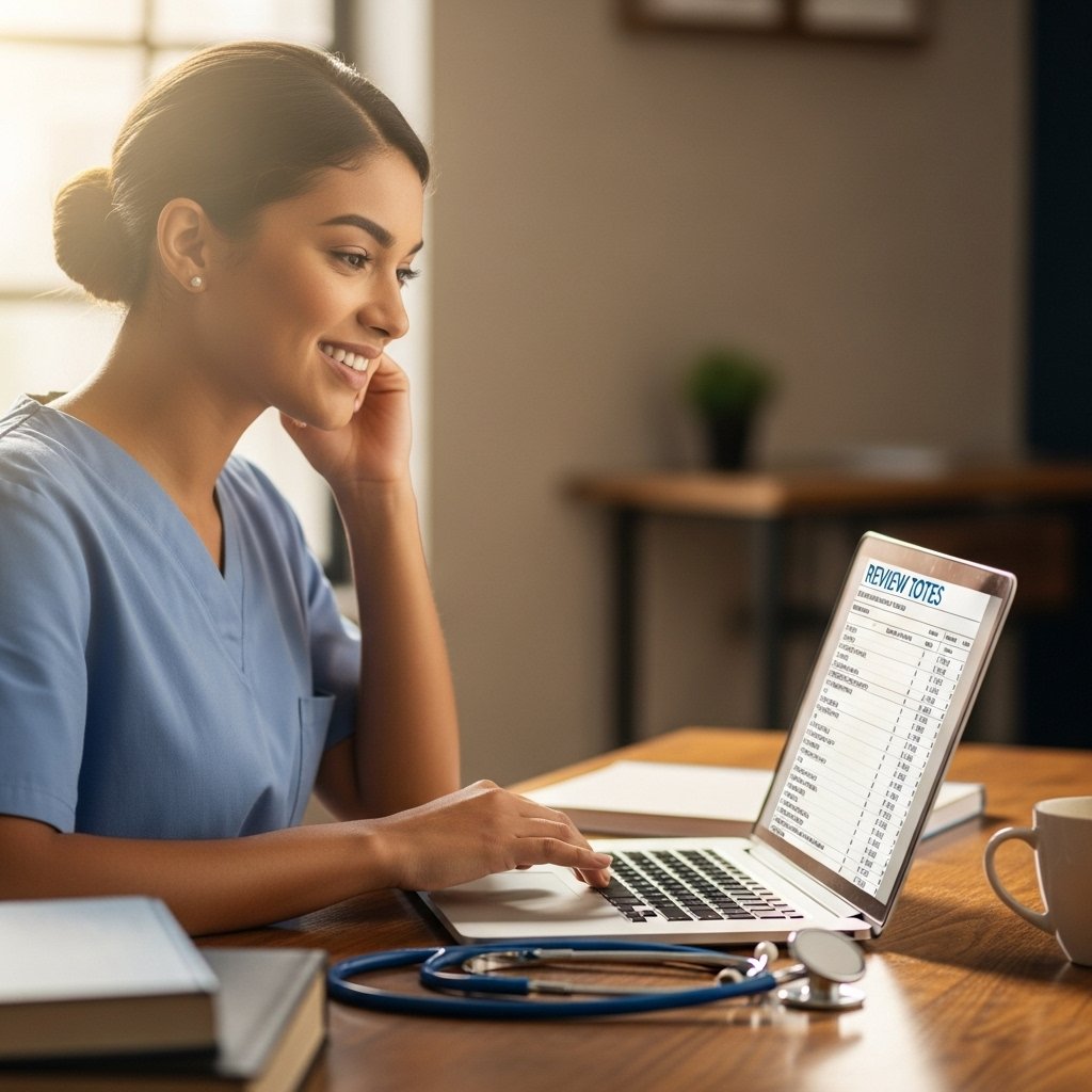 Confident nursing student smiling while reviewing exam results on a laptop, symbolizing success through ethical study practices.