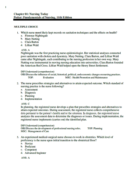 Test Bank for Fundamentals of Nursing 11th Latest Version