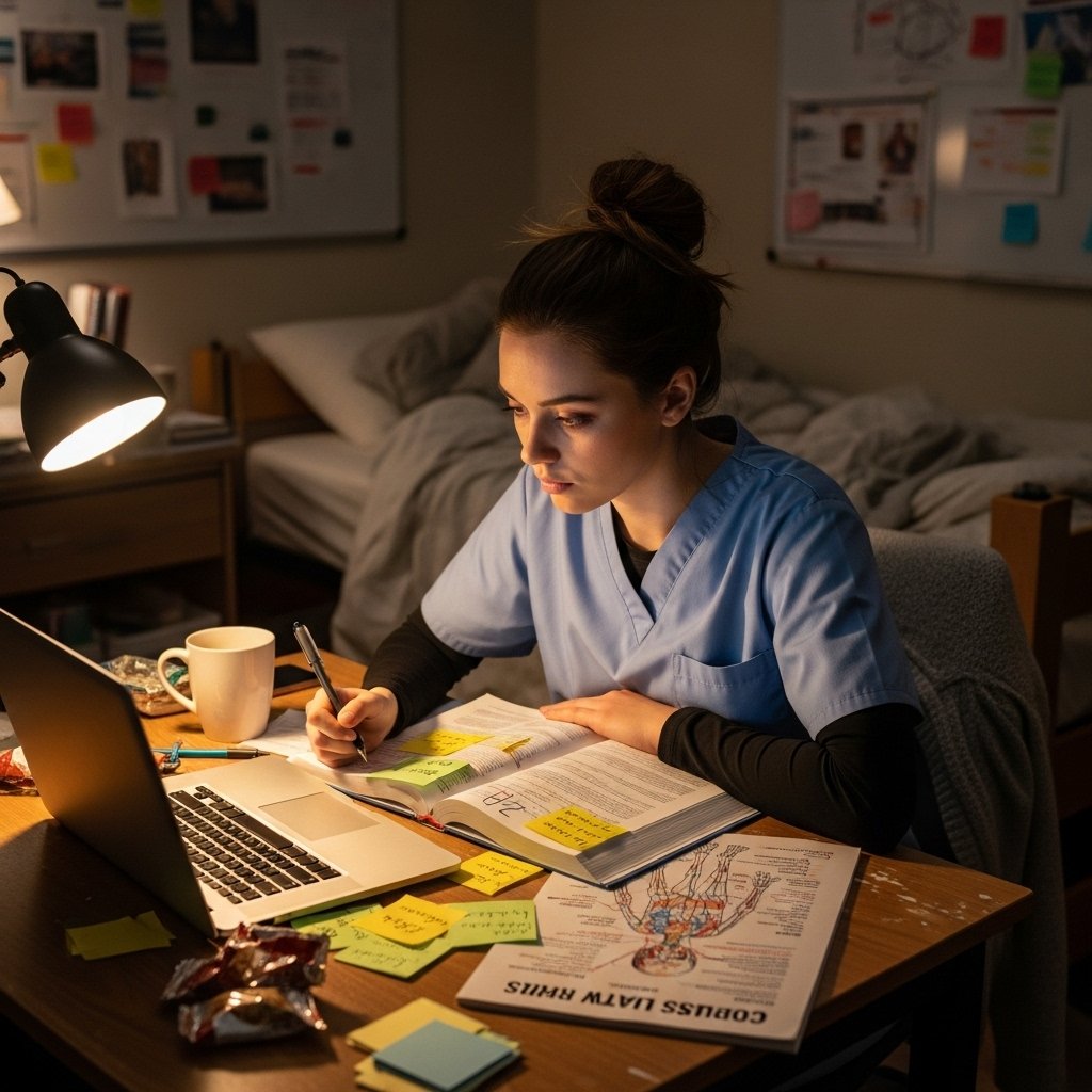 Nursing student studying late at night with books, notes, and coffee, showing the exhaustion and dedication of exam preparation.